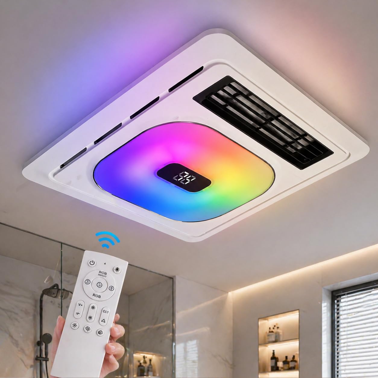 ScaleBelly Smart 5-in-1 Bathroom Exhaust Fan with Light, 180 CFM, 1.0 Sone Quiet Vent Fan, 7 LED Colors & Nightlight, Heater, Bluetooth Speaker & Remote Control for Heating, Ventilation, and Music