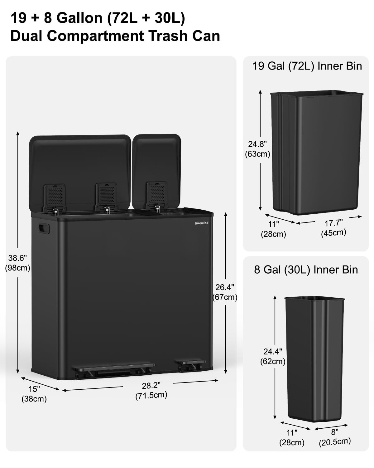 Dual Trash and Recycling Bins for Kitchen, 19+8 Gallon (72+30L) Stainless Steel Trash and Recycle Bin Combo with Soft-Close Lid, Large Garbage Cans for Kitchen Home with 2 Magnets Sticker, Black