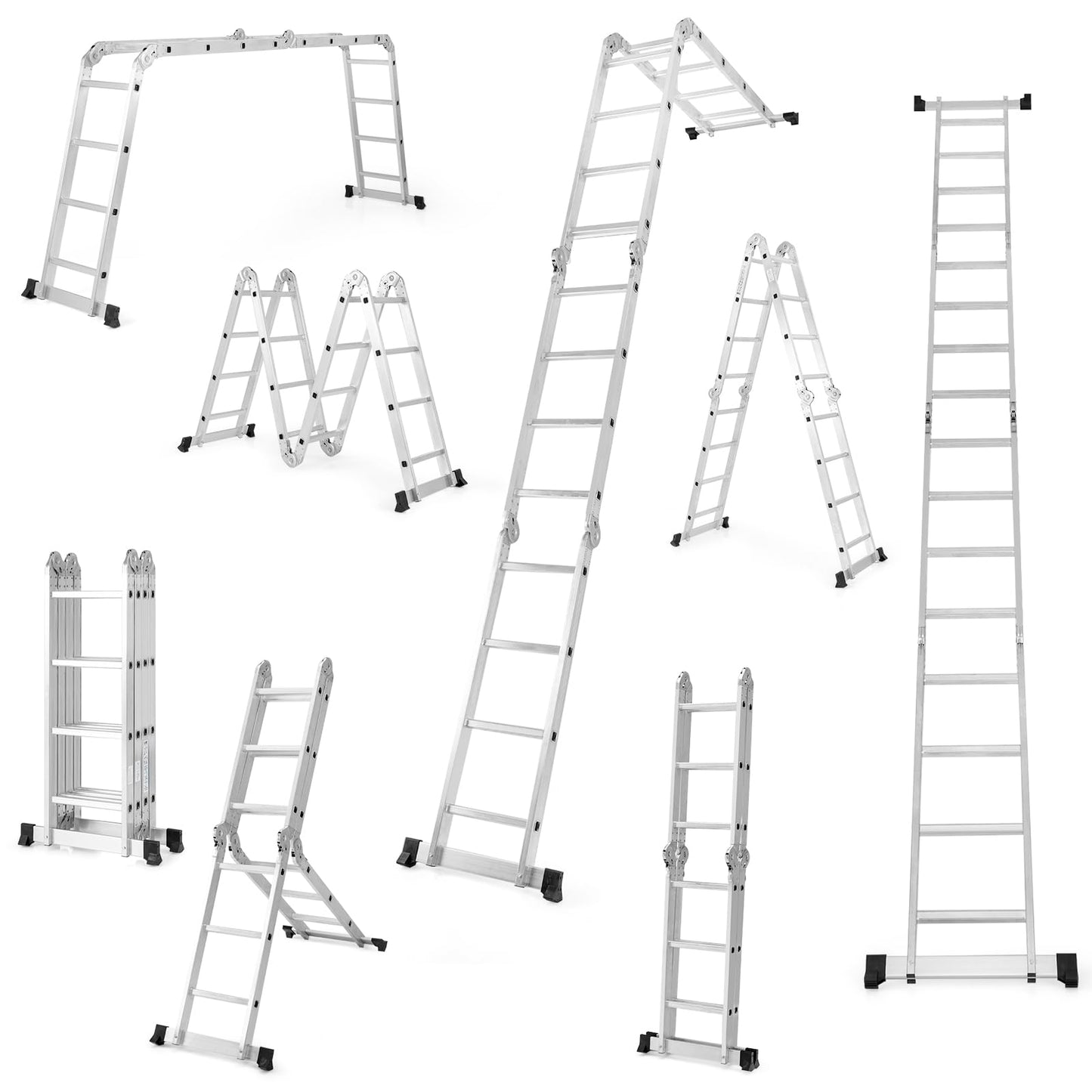 Goplus 7-in-1 Multifunctional Ladder, 4,6 M/15 FT Folding Aluminum Ladder with Safe Locking Hinge & Anti-Skid Footpads, Lightweight Tall Ladder for Home & Outdoor, 150 kg/330 lbs Max Load