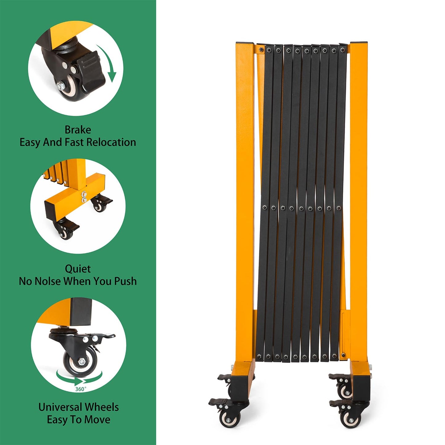LTSEAME 11.5FT Expandable Barricade Gate, Expandable Metal Barricade Gate Alloy Fence with Wheels, Retractable Crowd Control, for Industrial or Residential Use (Yellow, 11.5FT)