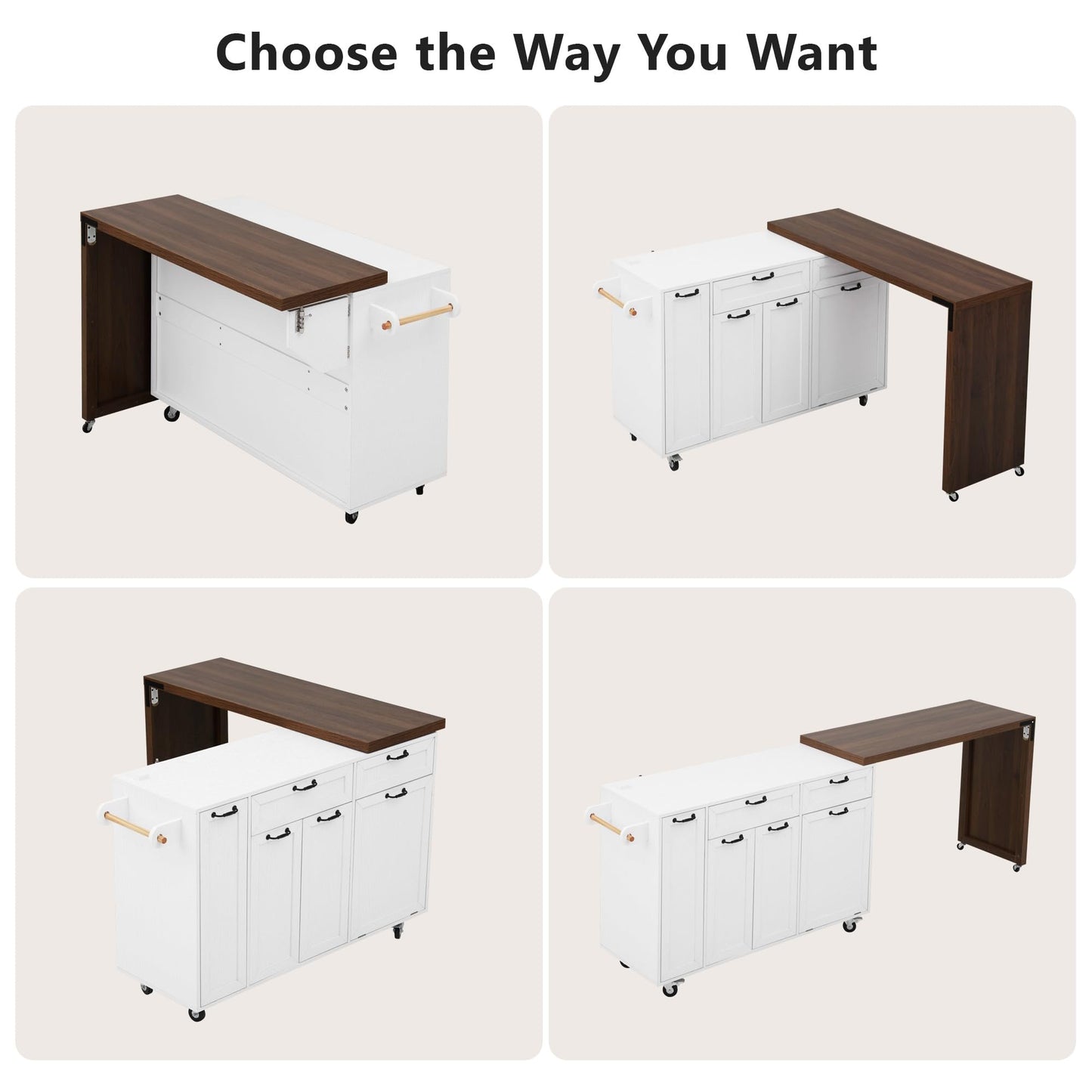Casaphoria 102.3" Extendable Kitchen Island on Wheels, Rolling Kitchen Cart with Tilt-Out Trash Can Cabinet & 3-Tier Spice Rack, Mobile Drop Leaf Dining Table Prep Station for Small Spaces, White