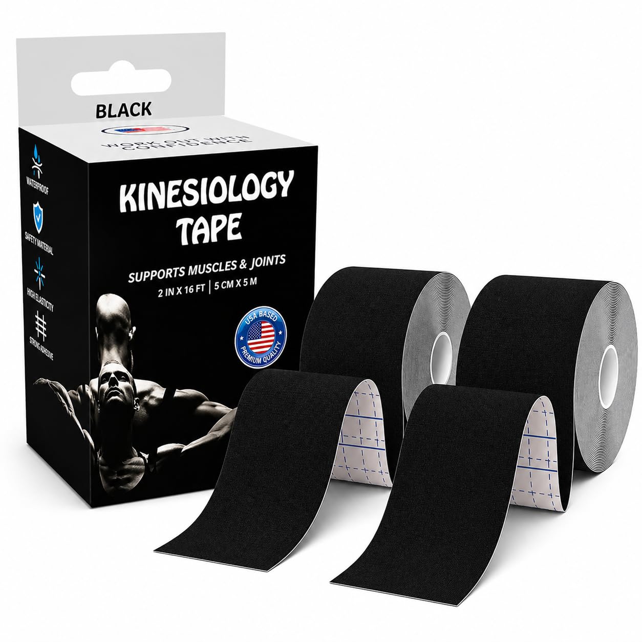 JLB Kinesiology Tape – 2 Rolls, 2 in x 16 ft – KT Tape for Shoulder, Knee, Wrist & Ankle – Waterproof Athletic Tape – Latex-Free Sports Tape for Pain Relief, Muscle Support & Physical Therapy (Black)