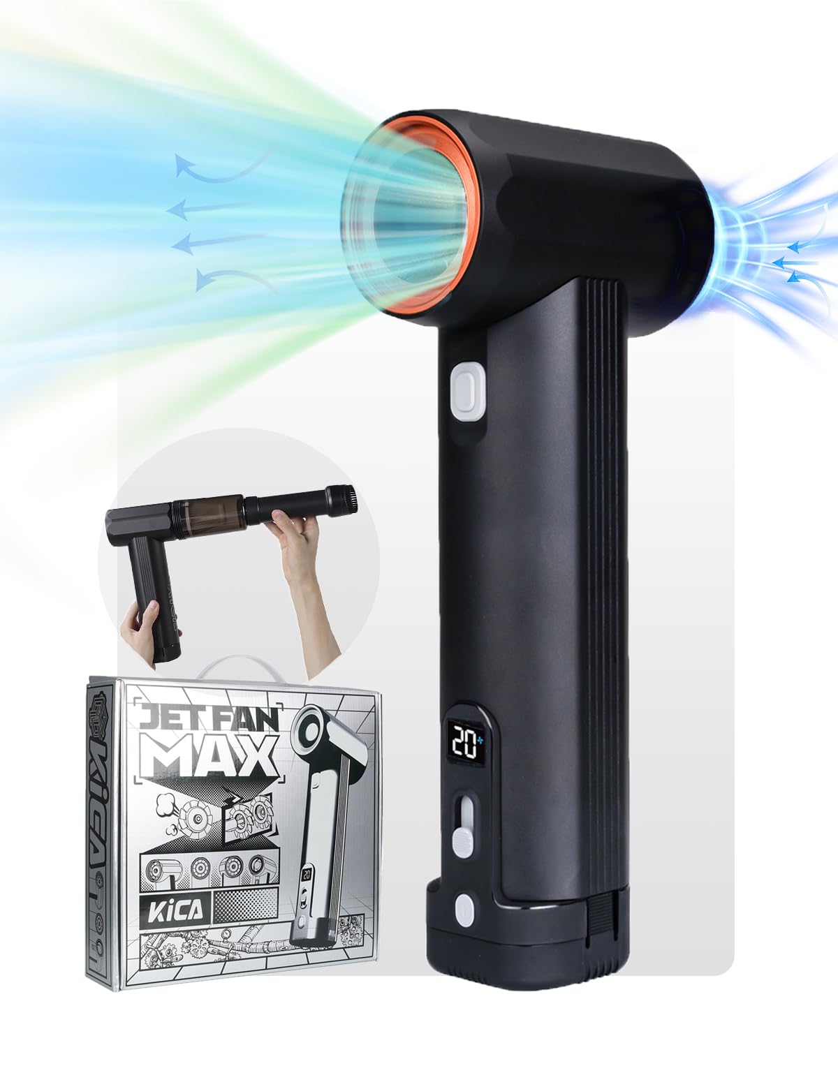 Jet Fan MAX - KiCA Jetfan Car Air Blower and Vacuum Turbo Fan,Electric Cordless Strong Blower 85000 RMP for Car Window Snow/Leaf Clearing,Dry Motocycle,Computer Dust Remove,Outdoots,Long Battery Life