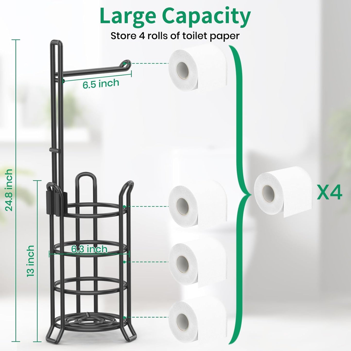 TomCare Toilet Paper Holder - Free-Standing Metal Wire Dispenser for 3 Spare Rolls | Black Bathroom Organizer