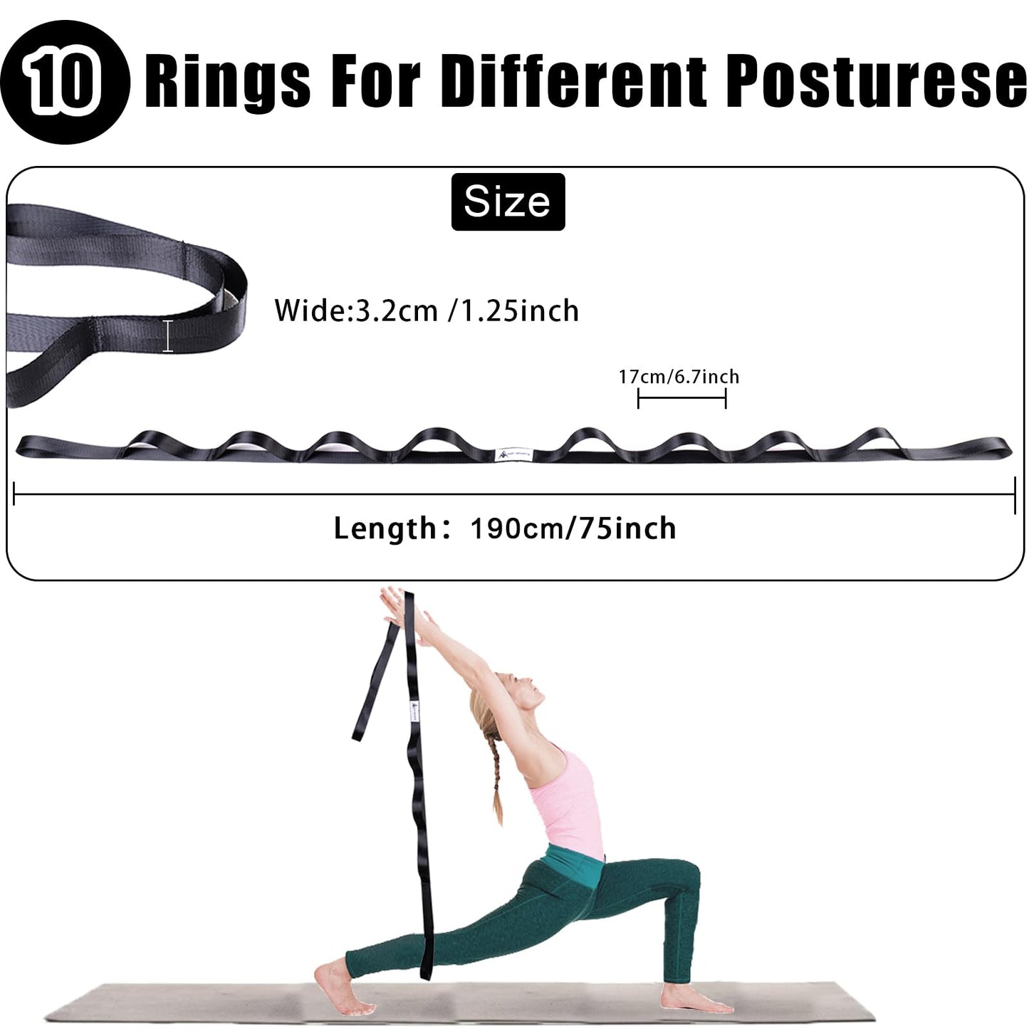 Oak-Sports Stretching Strap Yoga Strap for Physical Therapy with 10 Loops, Yoga Straps for Stretching, Upgraded Non-Elastic Stretch Band for Pilates, Dance and Gymnastics with Workout Guide (Black)