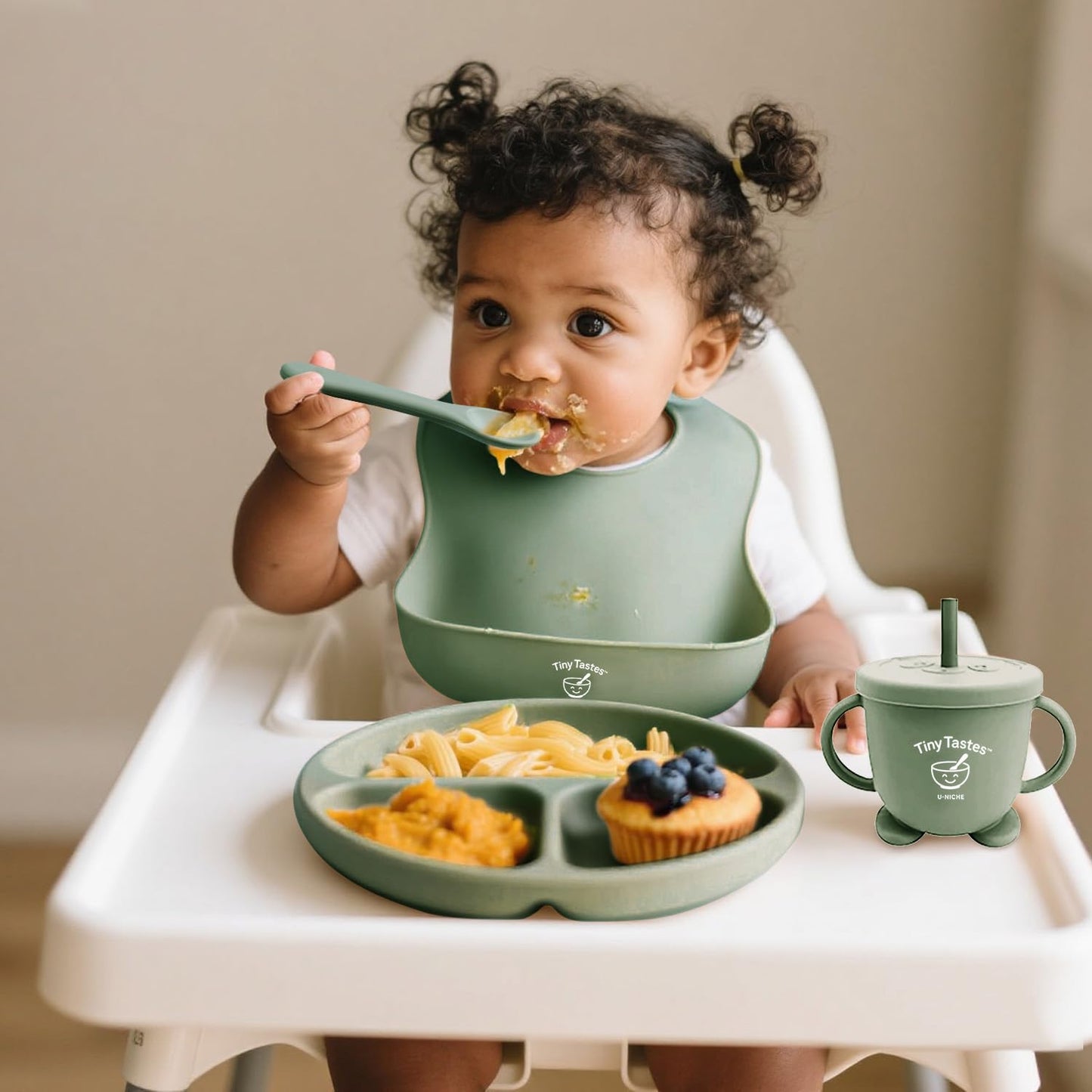Tiny Tastes 10-Piece Silicone Baby Feeding Set – BPA-Free, Spill-Proof Suction Plate, Bowl, Bib, Snack Cup & Utensils | Dishwasher Safe, Baby Gift Ready (Green)