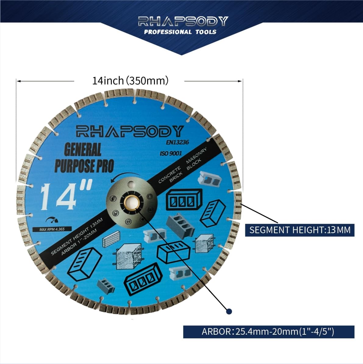 RHAPSODY 14 Inch Diamond Concrete Saw Blade 5pcs, Turbo Segmented General Purpose Blade Dry/Wet Cutting Concrete, Reinforced Concrete, Masonry, Brick, Block,1"-20mm Arbor