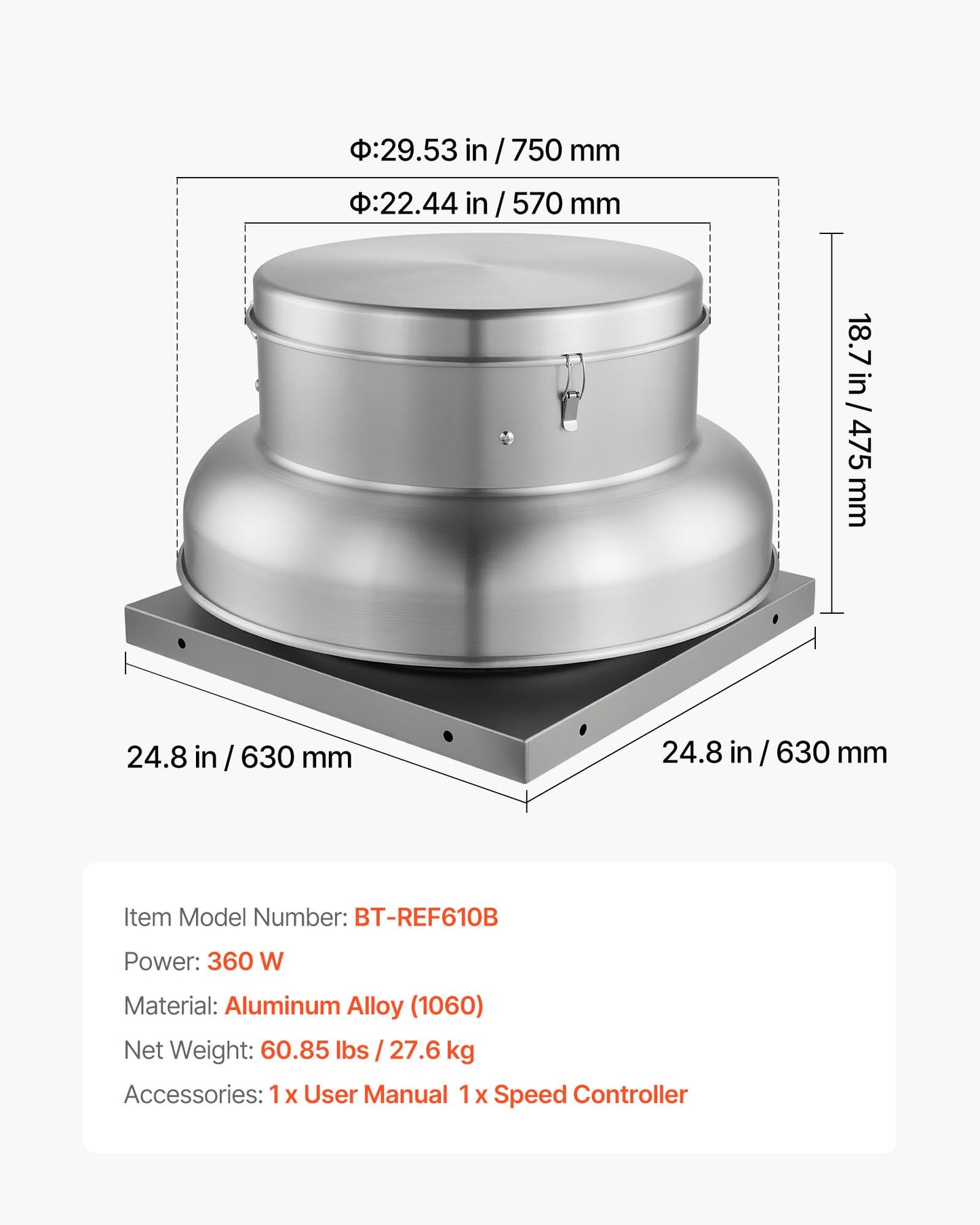 VEVOR Roof Exhaust Fan, 3000CFM & 3900CFM Adjustable Speed Control Attic Vent Fan with High-Power Motor, 24.8inch Fan Base Heavy-Duty Aluminum Alloy, Compact for Garage,Kitchen,Bathroom,Silver