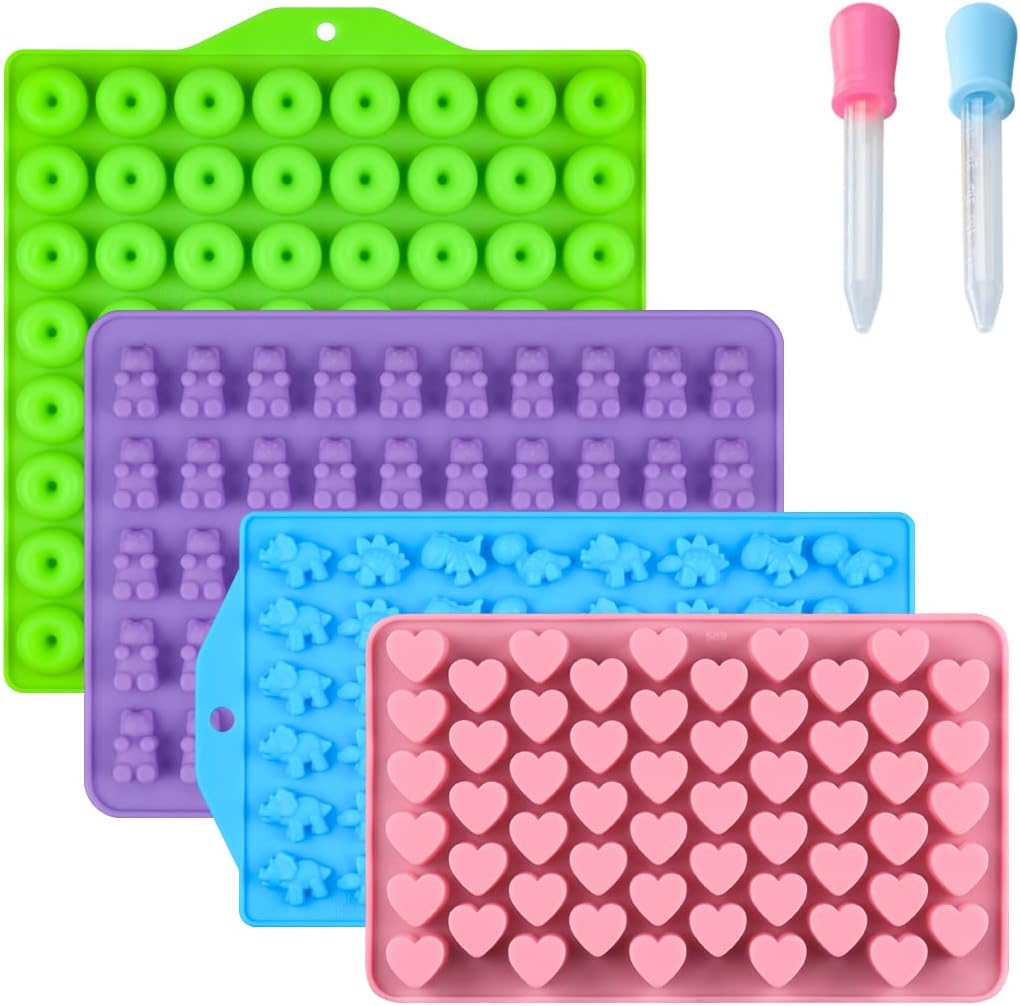 Skiennix Gummy Molds - Bear, Dinosaur & Heart Silicone Candy Molds with 2 Droppers | Pack of 4