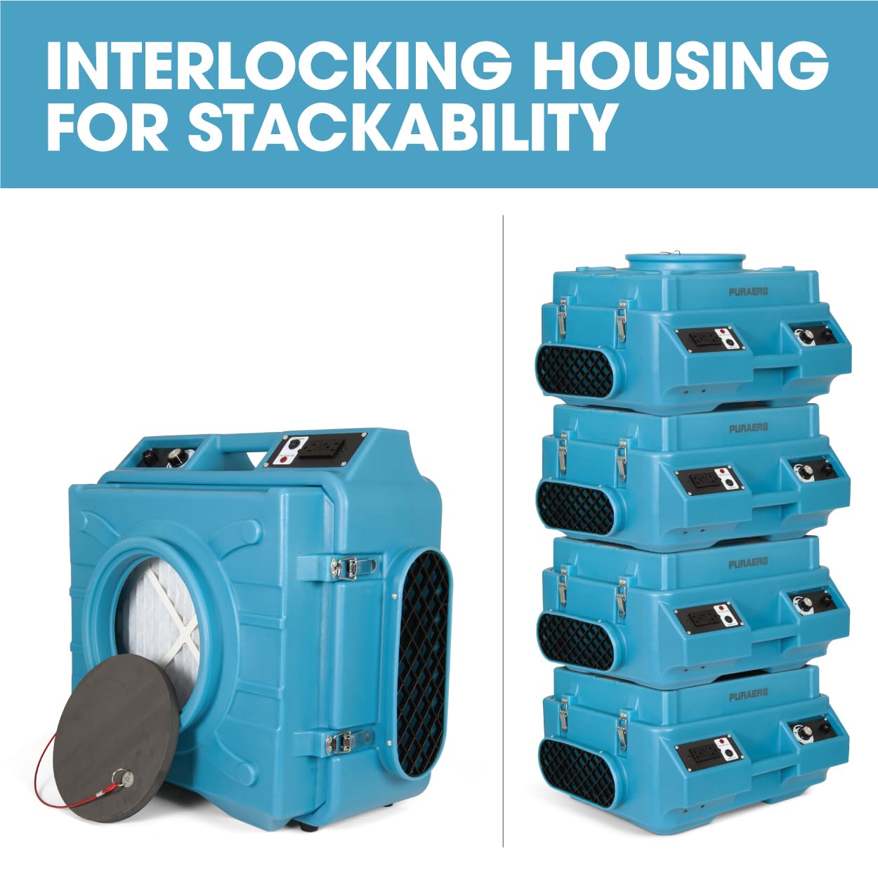 PURAERO HEPA Air Scrubber with GFCI Outlets for Daisy Chain | 1/4 HP, 675 CFM, 2.2A | Water Damage Restoration, Grow Rooms | PA-600-HAS | Blue