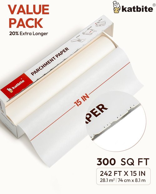 Katbite Parchment Paper Roll - 15in x 242ft | Heavy Duty Baking Paper with Serrated Cutter - 300 Sq.Ft Value Pack