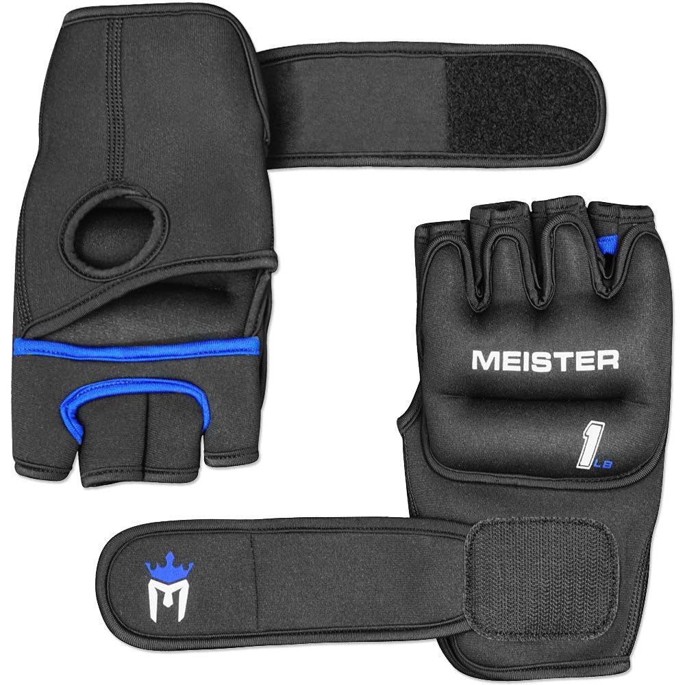 Meister Elite 1lb Neoprene Weighted Gloves for Cardio & Heavy Hands (Pair) - 1lb x 2 - Black/Blue
