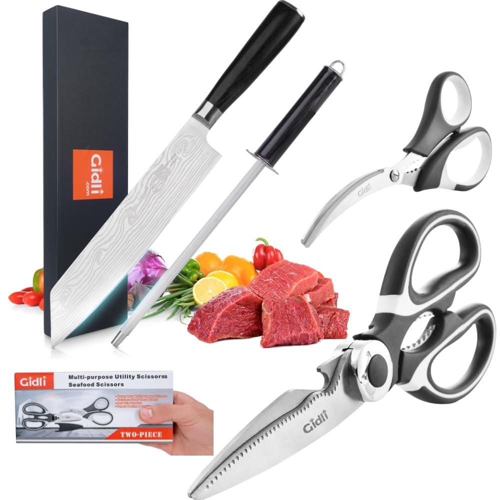Gidli Chef Knife and Kitchen Shears Set – Ultra Sharp 8” Chef Knife with Knife Sharpener + Heavy Duty Kitchen Scissors & Seafood Scissors – Premium Stainless Steel Cooking Set – Gift Ready