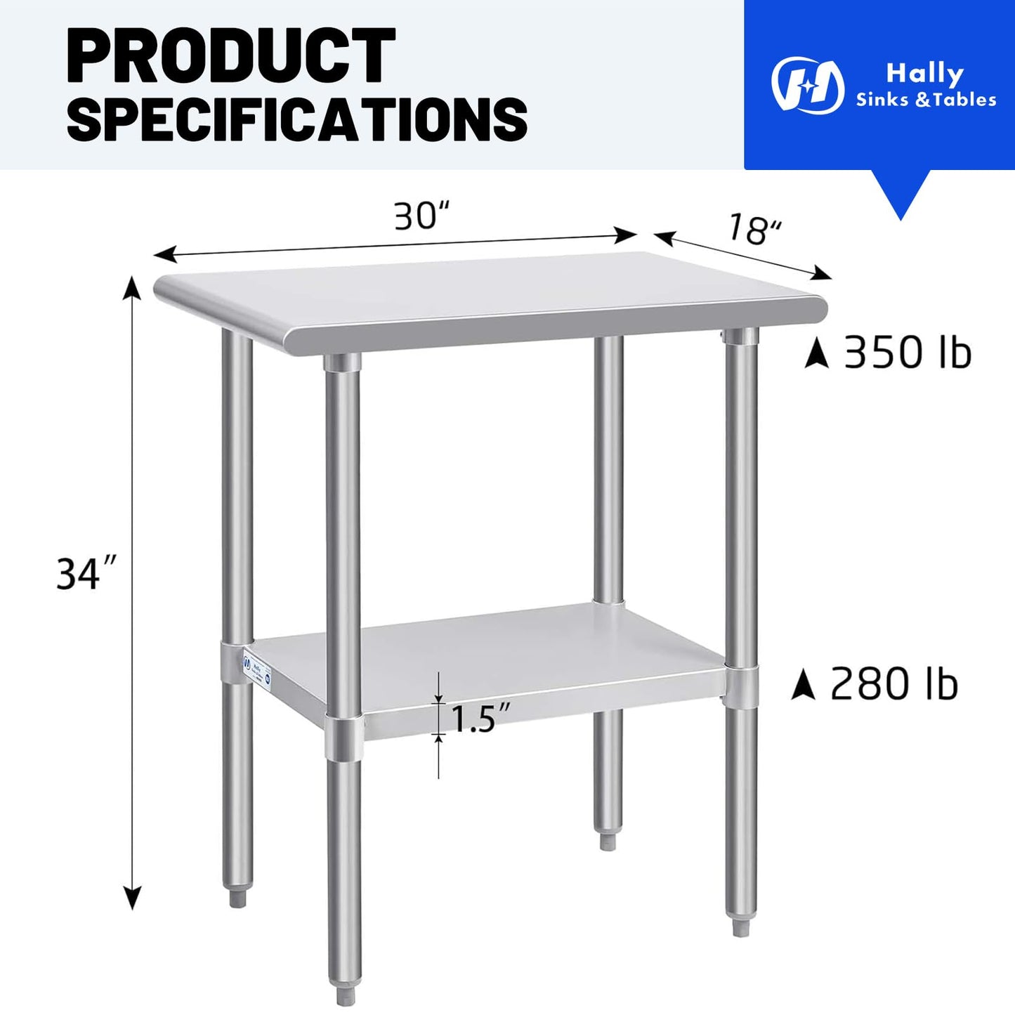 Hally Stainless Steel Table for Prep & Work 30 x 18 Inches, NSF Commercial Heavy Duty Table with Undershelf and Galvanized Legs for Restaurant, Home and Hotel
