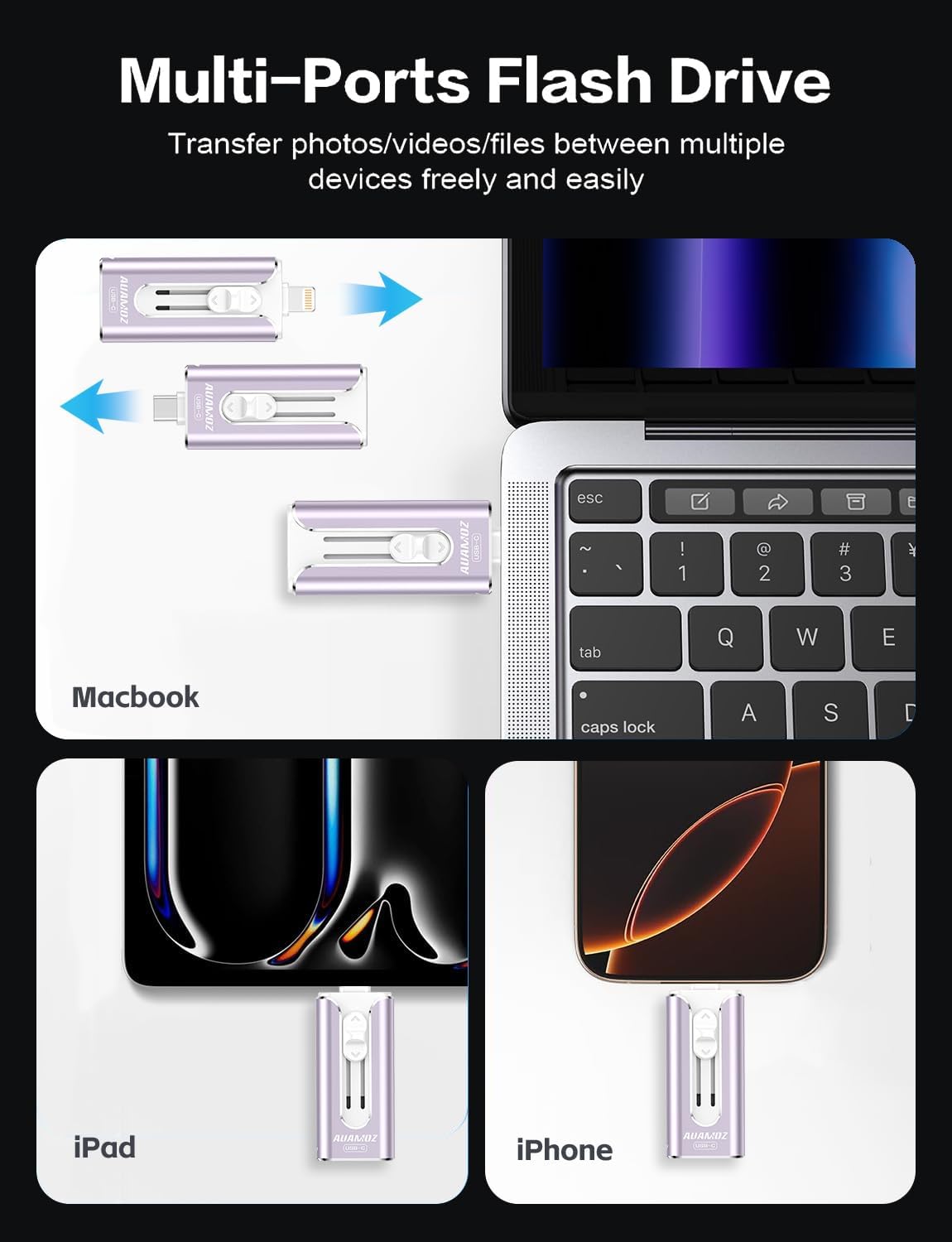 AUAMOZ 256GB 17/16/15/14/13/12/11, (1 Pack-Lavender Mini Dual Interface Flash Drive, Portable Memory Stick Compatible