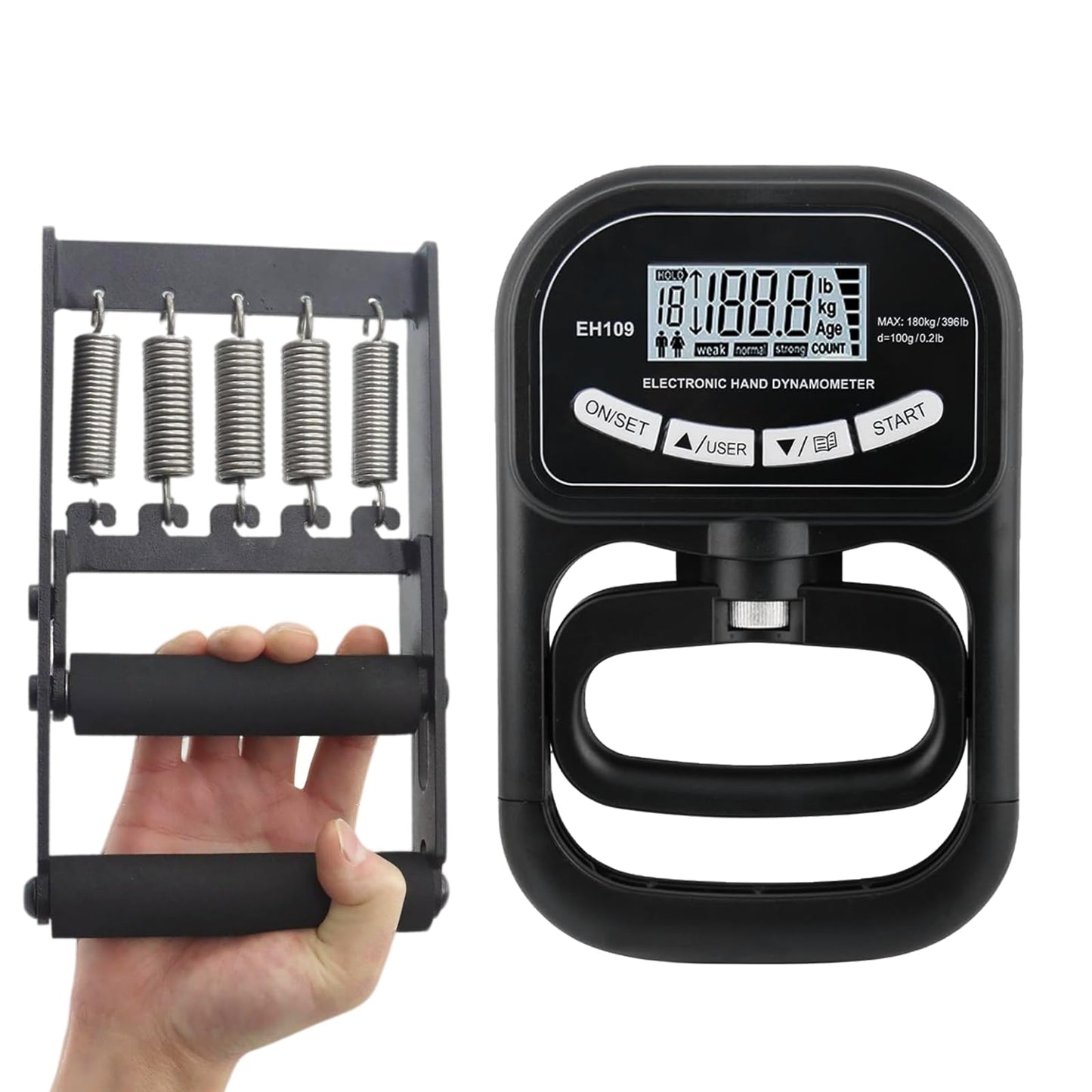 AHTAPFON Grip Strength Tester Trainer Set-Electronic Hand Dynamometer of 396lbs ＆ Solid Metal Grip Strengthener -Adjustable Resistance of 165lbs-5×Heavy-Duty Springs,Fit Sport Home Gym Workouts