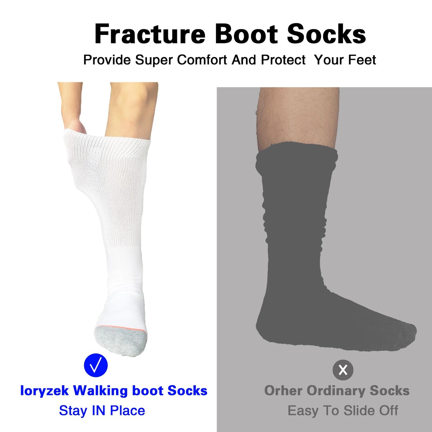 Ioryzek Walking Boot Socks air Cam Walker Cast Socks 2 Pairs Fracture Boot Brace Socks Surgical Orthopedics Socks for Men Women (US, Alpha, One Size, Regular, Regular, White-2pairs)