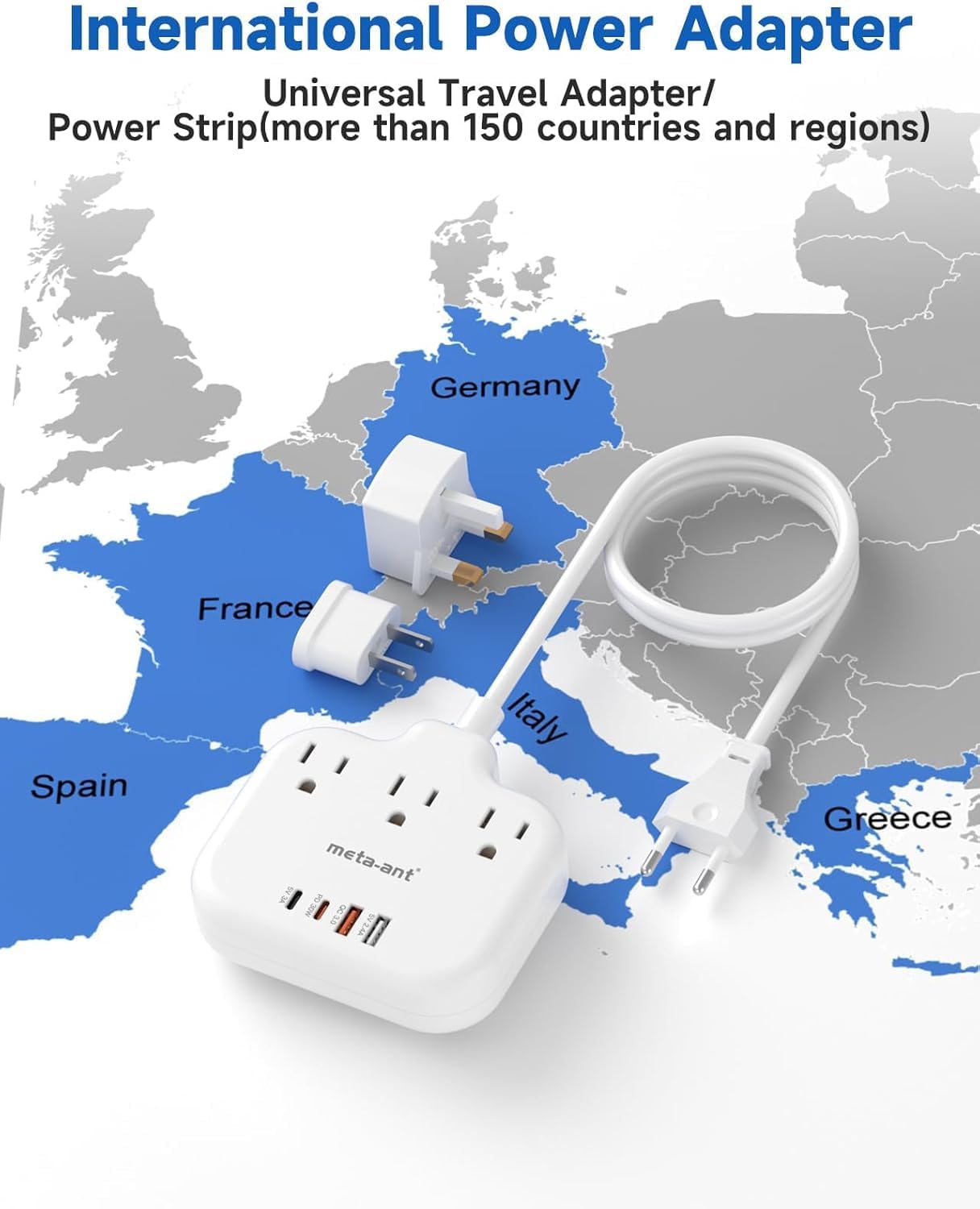 meta-ant PD30W 3 2 2 3ft European Travel Plug Adapter, International Power Adapter with Outlets USB-C and USB-A Fast
