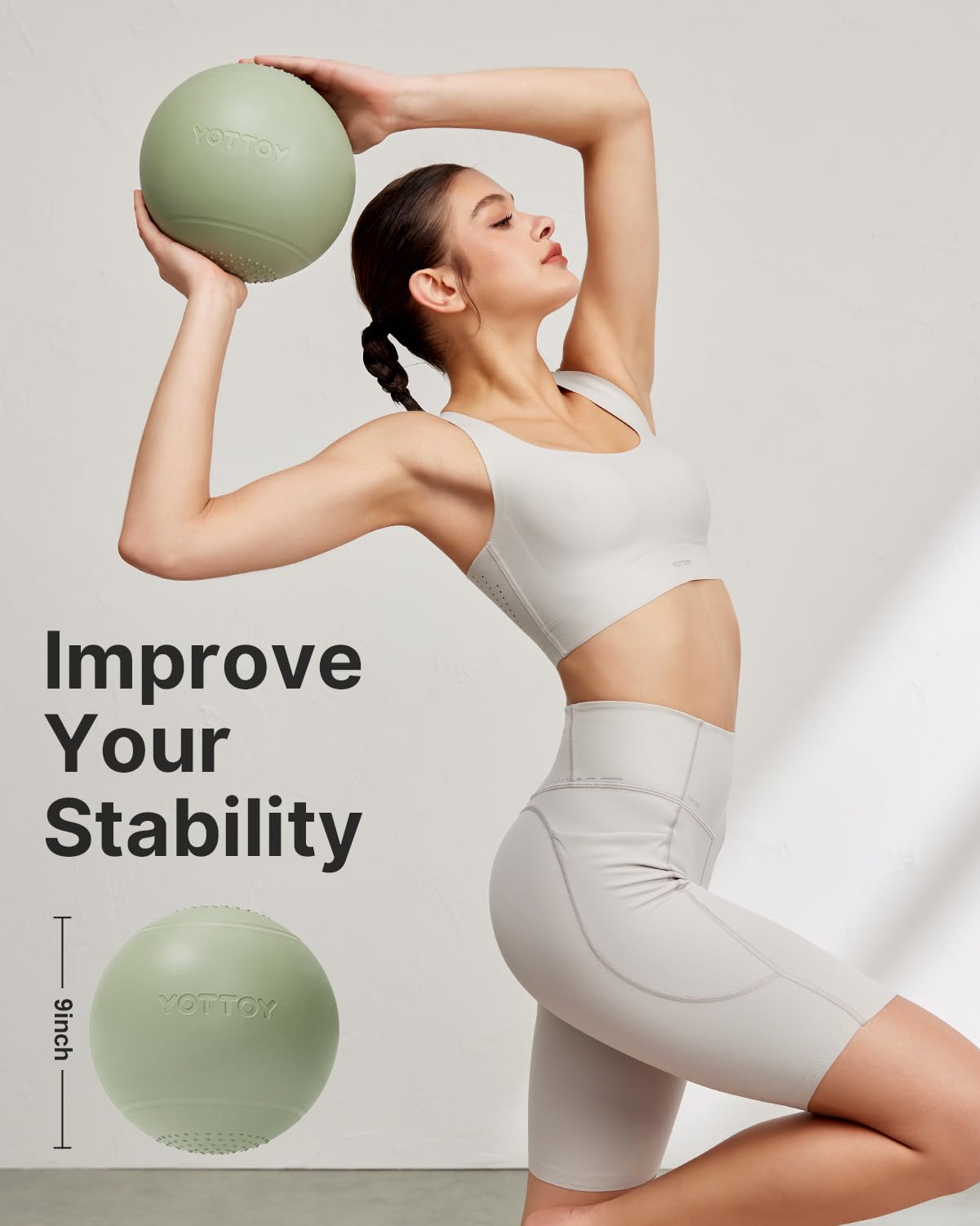 YOTTOY Small Exercise Ball，9-inch Pilates Ball with Anti-Burst Technology for Stability, Ideal for Yoga, Pilates, Physical Therapy & Home Workouts (Green)