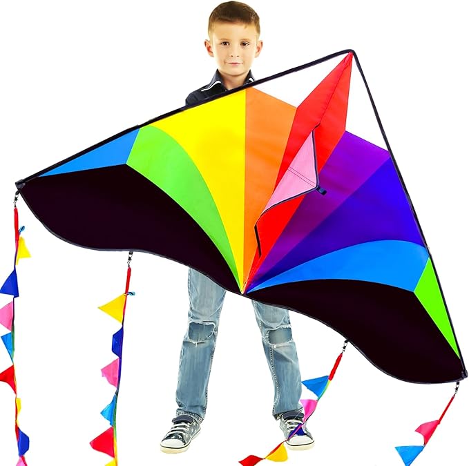 Delta Kite for Kids & Adults - Easy to Fly Large Single Line Beach Kite with 300ft String Handle Included, Perfect for Beginners, Teens