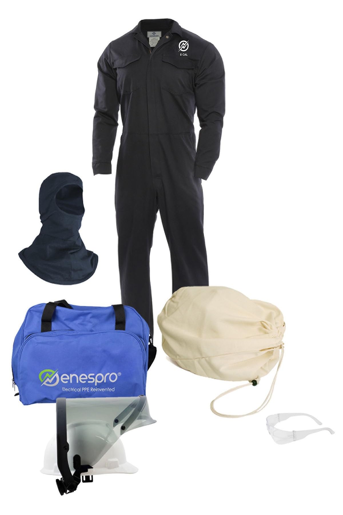 Enespro ArcGuard, CAT 2, 12 Calorie, Arc Flash Suit Kit with FR Coverall, Face Shield, (No Gloves), X-Large, KIT2CV11NGXL