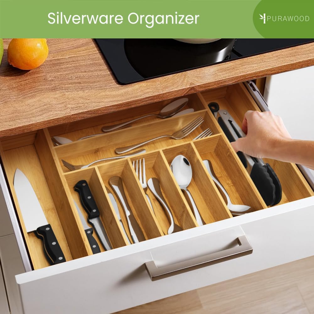 Purawood Bamboo Drawer Organizer - Expandable Cutlery Tray with Dividers | 7-9 Slot Kitchen Utensil Organizer (Natural)