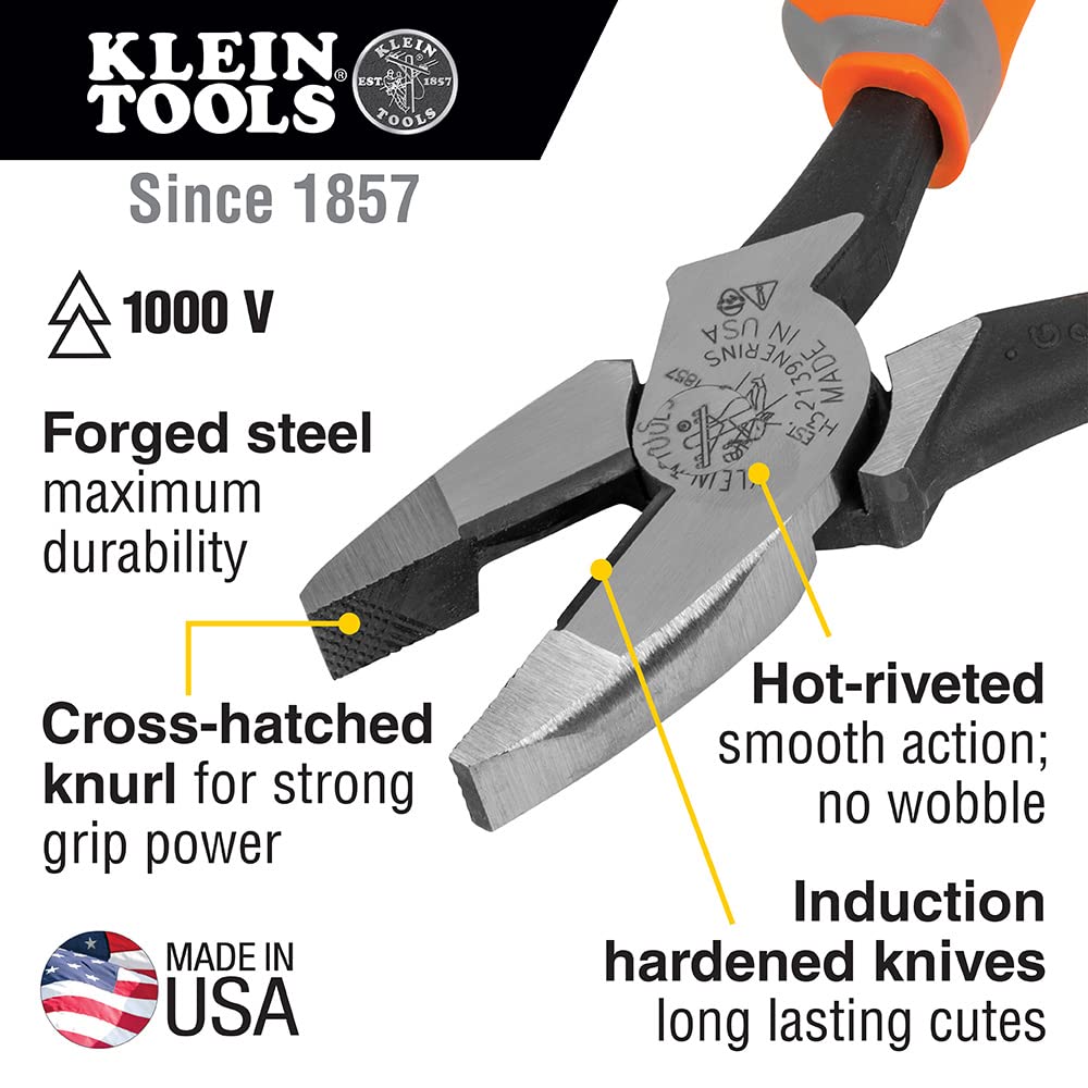 Klein Tools 9421R 1000V Insulated Plier Tool Set, Made in USA, with 3 Pairs of Pliers, Cable Cutter, Wire Stripper, and 2 Screwdrivers, 7-Piece