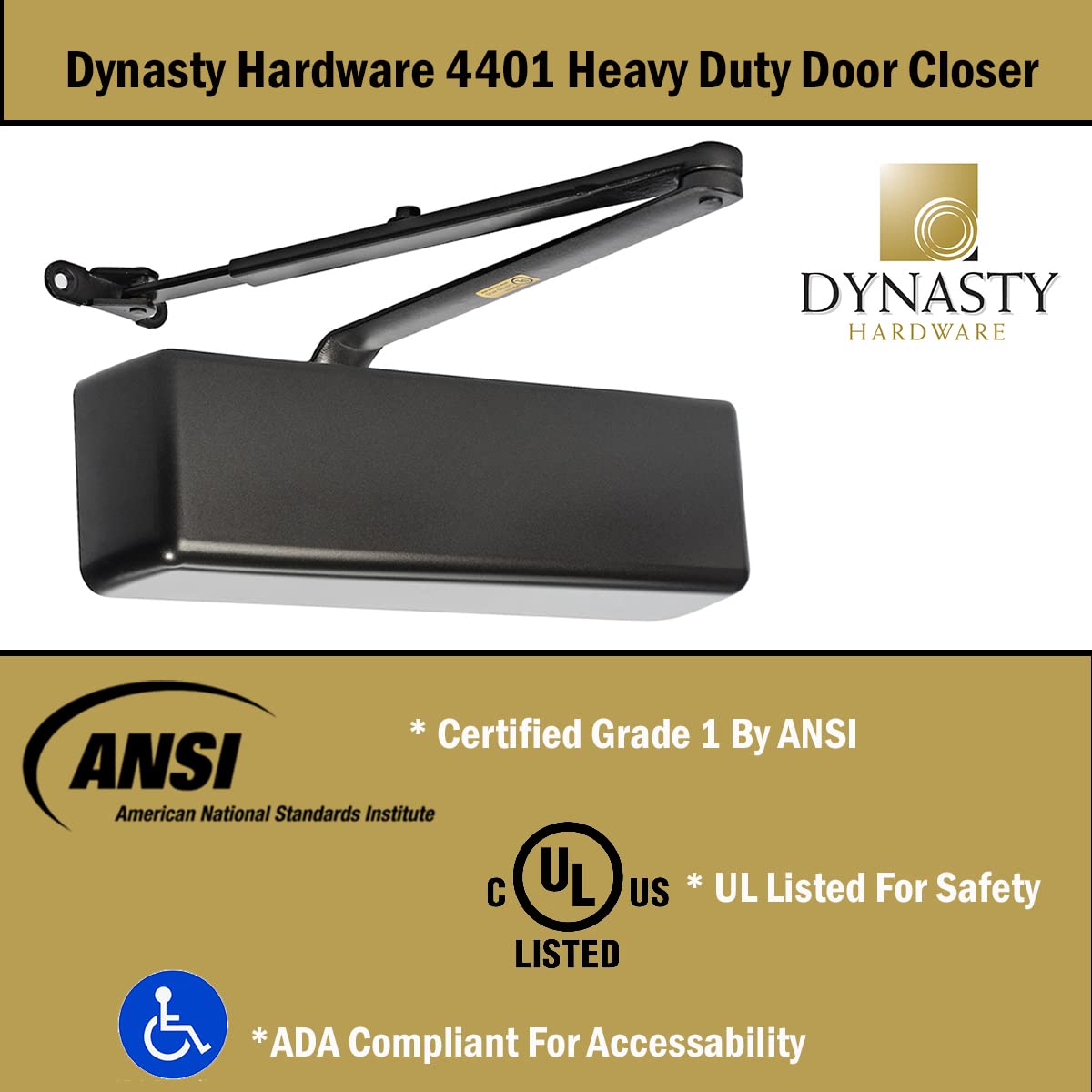 Dynasty Hardware Door Closer, Grade 1 Heavy Duty Commercial Hydraulic Closer, Self-Closing, Adjustable Spring Size 1-6, ADA Compliant, Surface Mount, Sprayed Duronotic Bronze, Series 4401
