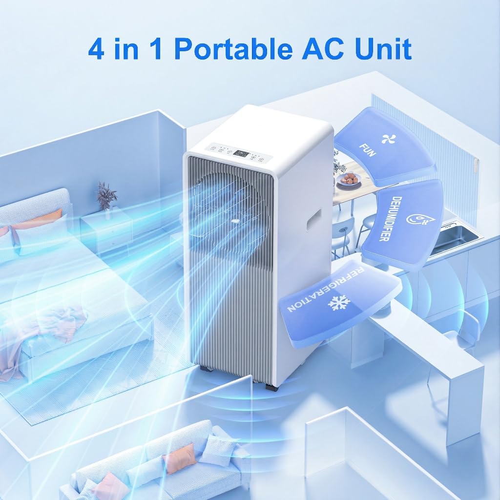 14,000 BTU Portable Air Conditioners for Rooms Up To 700 Sq.Ft. Portable AC, Dehumidifier, 24H Timer, Sleep Mode & Water level indication, Remote Control & Window Kit, White & Grey