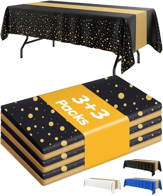 Niuara Table Cloth Set - Black and Gold Disposable Rectangle Table Covers | 3 Tablecloths + 3 Runners for Events
