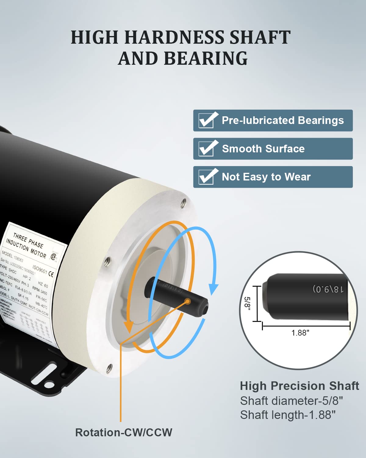 2HP Electric Motor, Air Compressor Motor, General Motor 3450 RPM, Three Phase Motor 56C Frame, 5/8"Shaft Diameter CW/CCW Rolled Steel Shell, 230V/460V TEFC