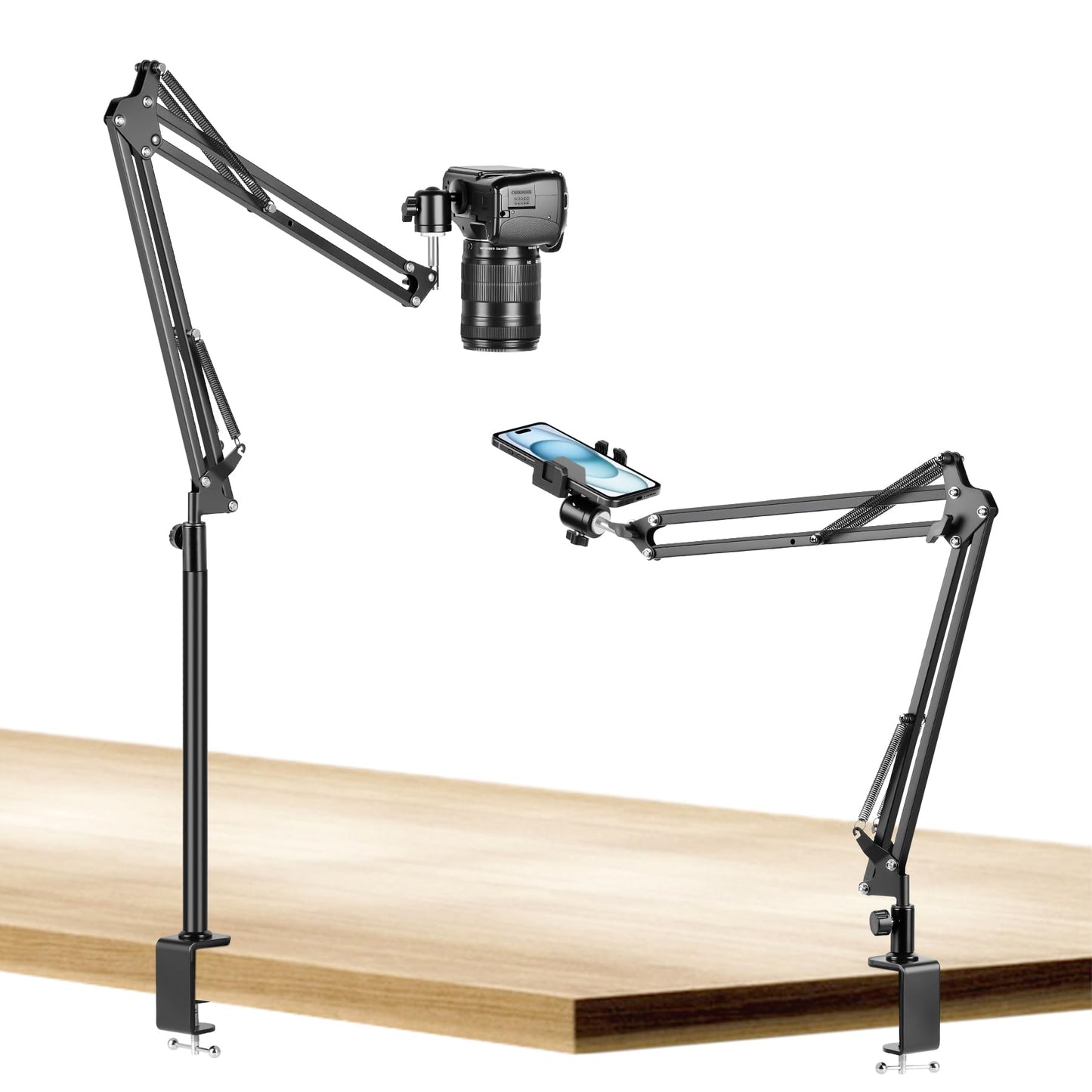 Evekea Overhead Camera Mount, Desk Camera Mount with 360° Adjustable Arm and Phone Holder for DSLR Cameras/iPhone/Webcam/Ring Light, Desk Phone Stand for Video Recording,Zoom Meeting,YouTube,TikTok