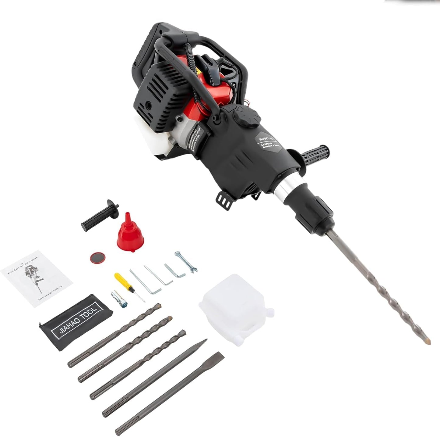 Qrooviiy Jack Hammer,1000W 5300RPM 2-Stroke Jack Hammer Concrete Breaker with 2 Pickaxes 3 Drills,3-in-1 Gas Powered Demolition Concrete Breaker for Trenching,Chipping,Breaking Holes