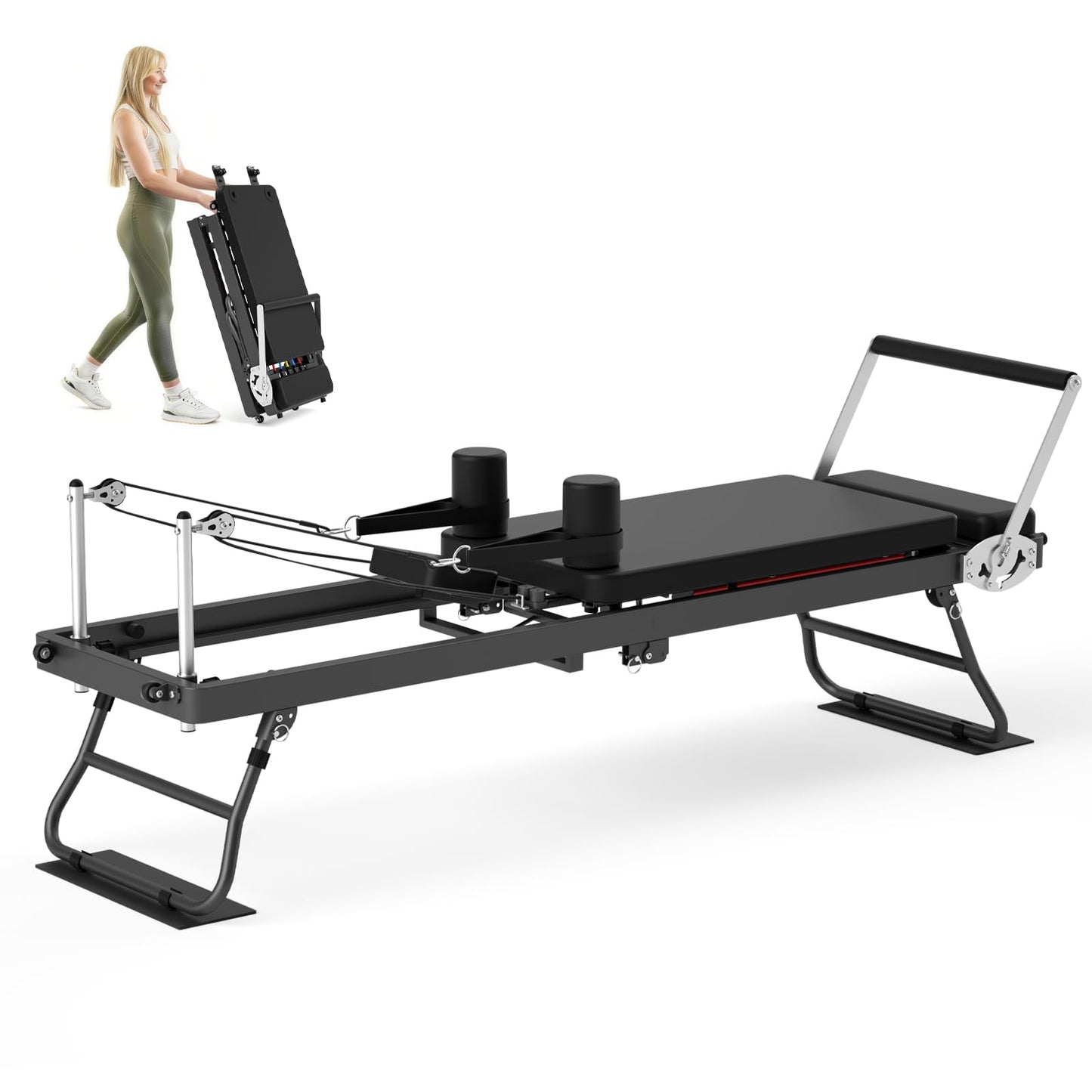 Foldable Pilates Reformer Machine for Home Gym, 77.5'' Pilates Reformer Bed with 5 Adjustable Resistance Bands, Upgraded Rope Adjuster System Supports 400lbs, Professional Pilates Equipment