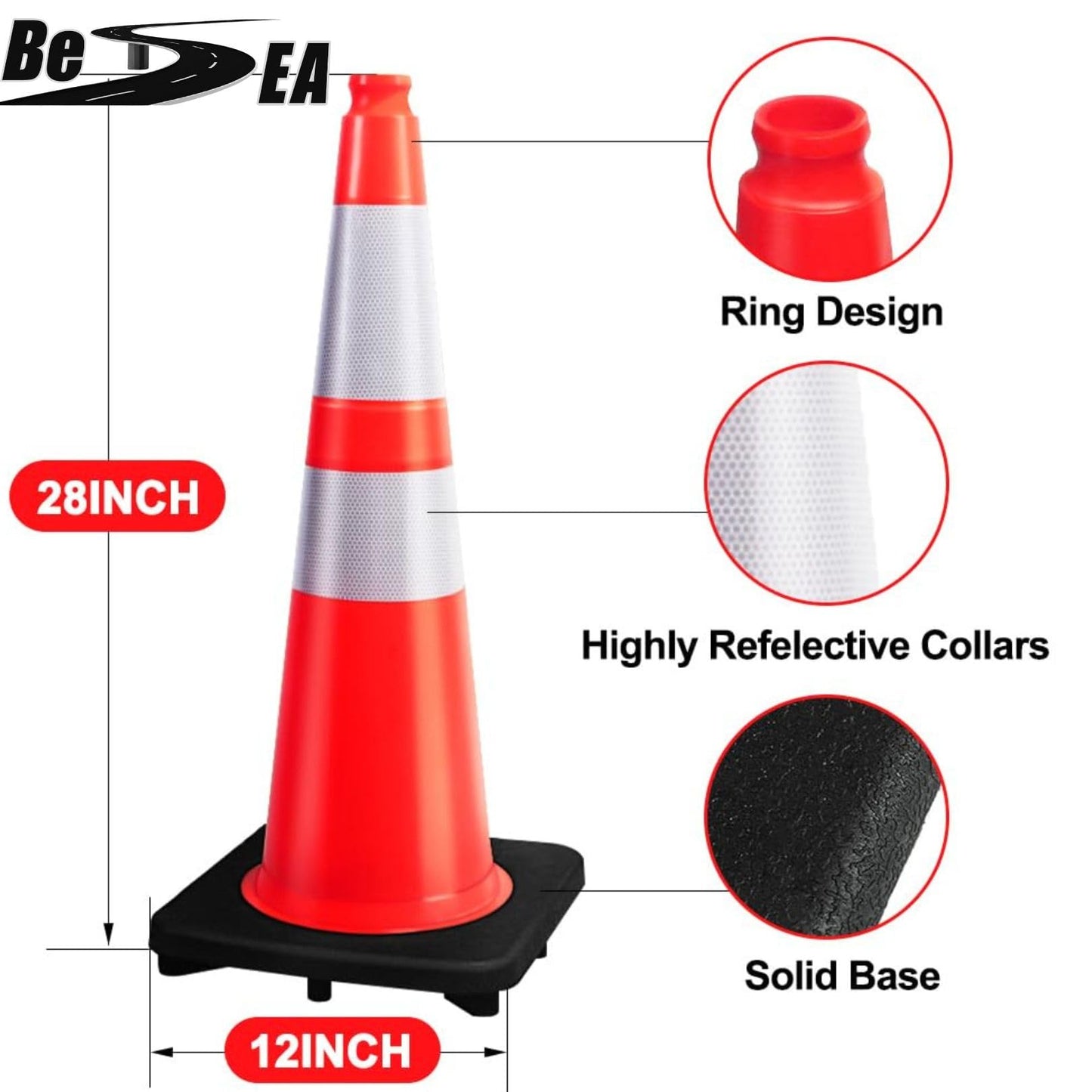 (14 Cones) BESEA 28” inch Orange PVC Traffic Cones, Black Base Construction Safety Cones Road Parking Cone Structurally Stable Wearproof (28" Height)