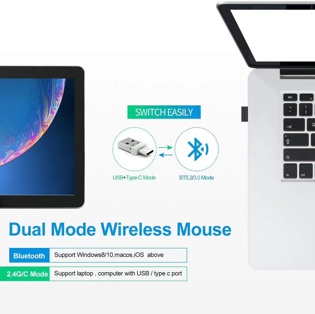 KLO (BT5.2+Type-C+USB2.4G) LED Rechargeable Bluetooth Mouse for MacBook/pc/iPad/Laptop/Notebook/Chromebook (Rose Gold)