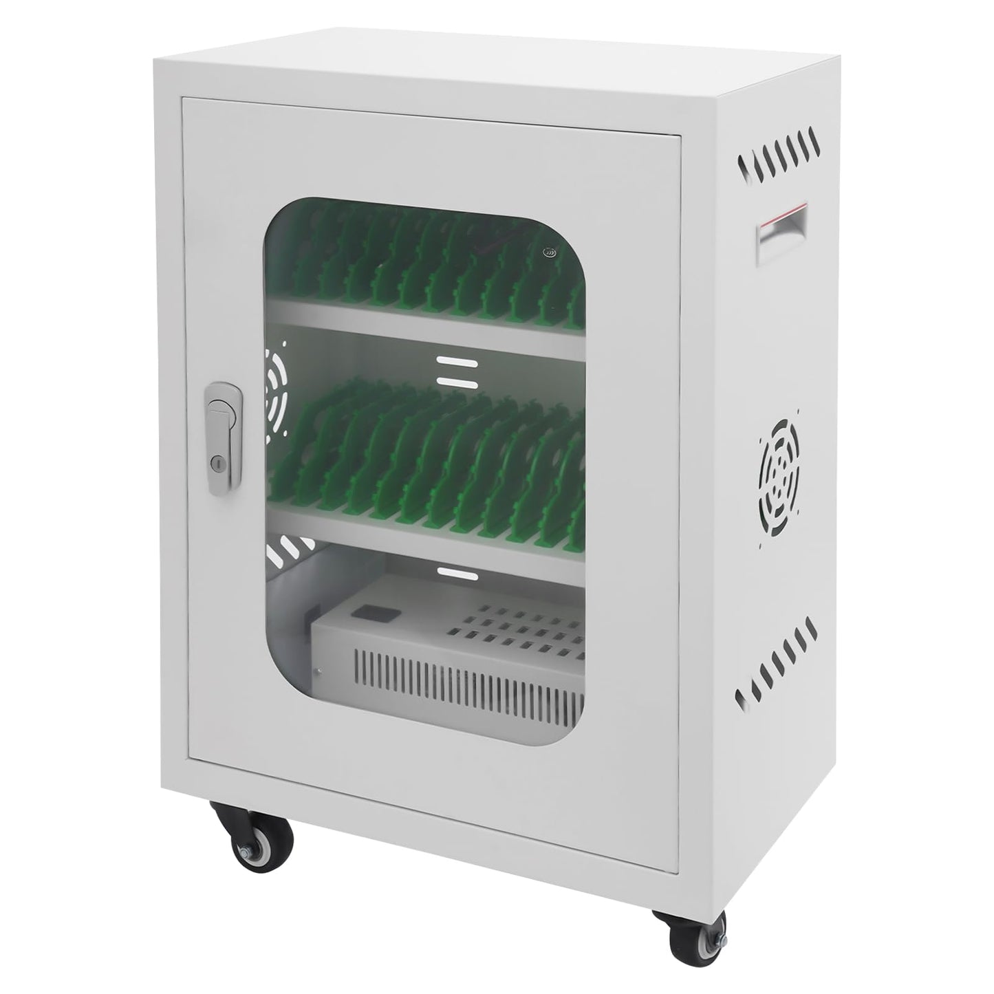 30 Device Charging Station, Mobile Charging Cart for Phones with Tempered Glass Door Rolling Phone Charging Cabinet with Cable Management Slot for Classroom Office (White)