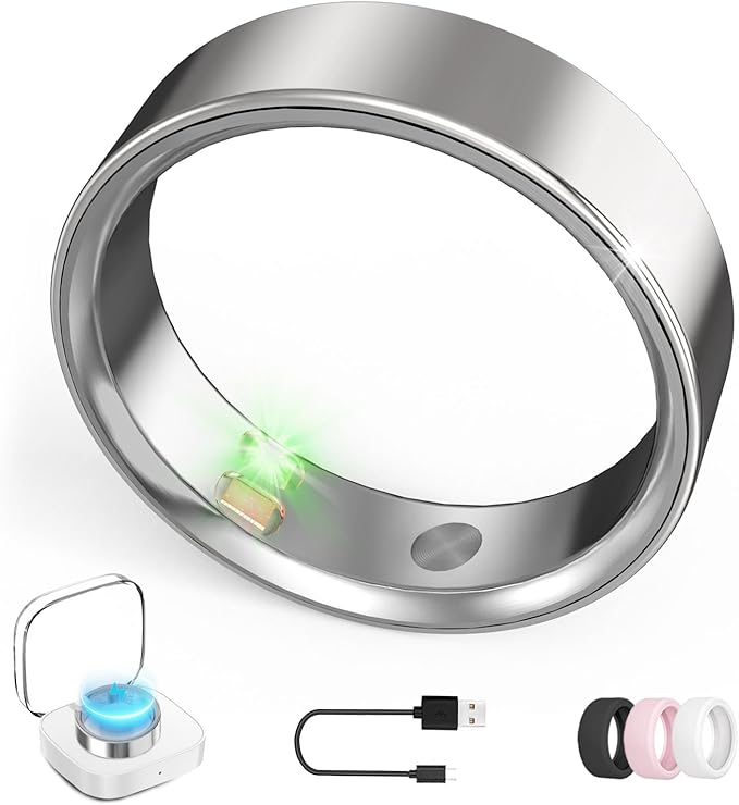 Smart Ring with Vibration Alerts, Health Tracker Ring with Body Temperature Monitor, Heart Rate, Sleep & Fitness Tracking, Waterproof Activity Ring for Men & Women, No App Fees (Silver, 6#)
