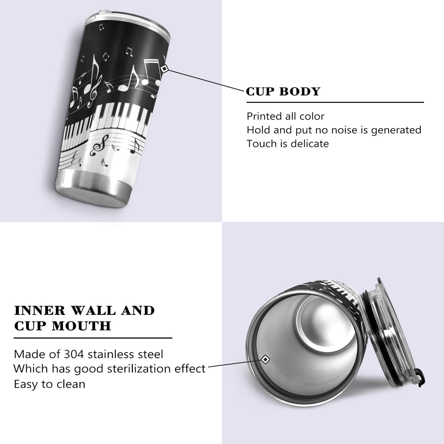 Selerdon 20 oz Piano Keys Music Note Insulated Tumbler Coffee Mug Double Wall Vacuum Travel Mug with Straw and Lid Stainless Steel