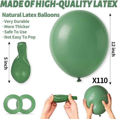 Dark Sage Green Balloons - 110 Pcs 12-Inch Latex Party Balloons with Ribbons for Themed Events