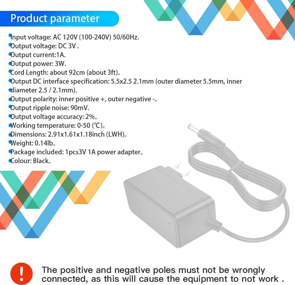 MTDZKJG 3V 1A 100-240V 3Volt 3W 1000mA 500mA 5.5mmx 2.5mm/2.1mm DC Power Supply AC Adapter AC to DC Power Cord