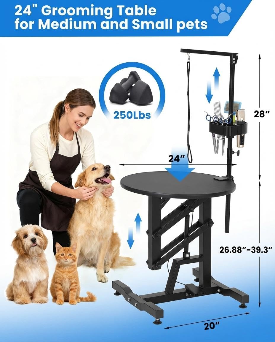 24" Hydraulic Lift Dog Grooming Table – Adjustable Height, 250LB Capacity, Non-Slip Silicone Top, Foldable for Home & Salon Use