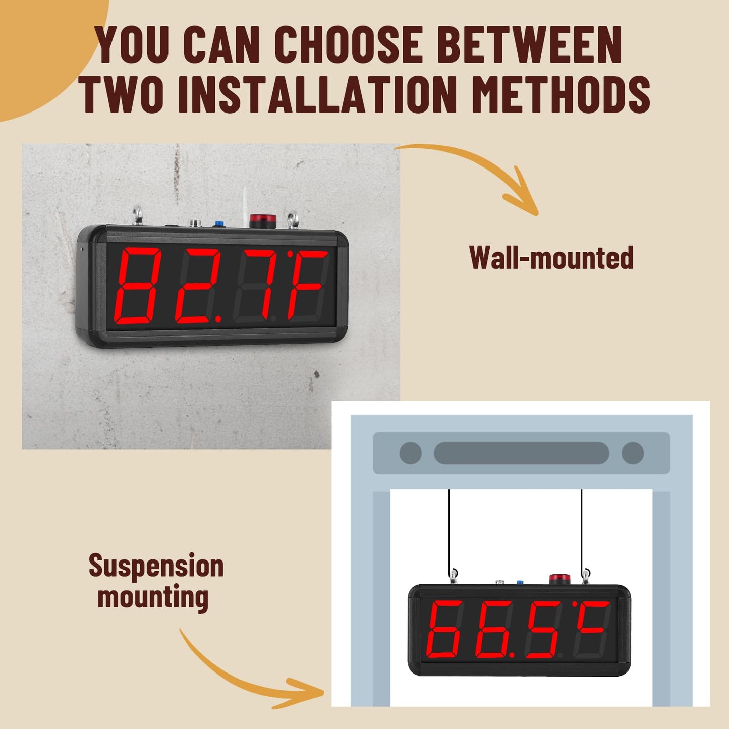 JIAWANSHUN 4" Large LED Industrial Temperature Display, -58℉-212℉ ±0.9℉, ℃/℉ Adjustable Thermometer with Flashing Alert & Independent Switch, for Lab, Aquarium & Freezer
