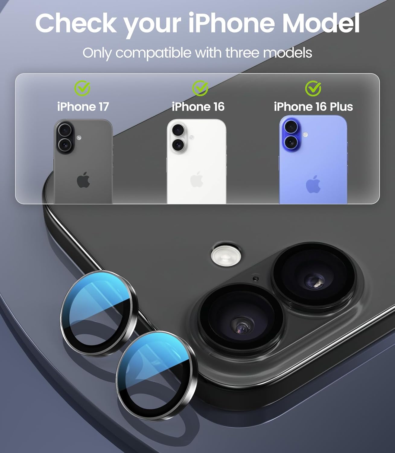 2-Pack 17/16/16 98% 9H PandaShield Camera Lens Protector for iPhone Plus, [Anti-Reflection & High Transparency]