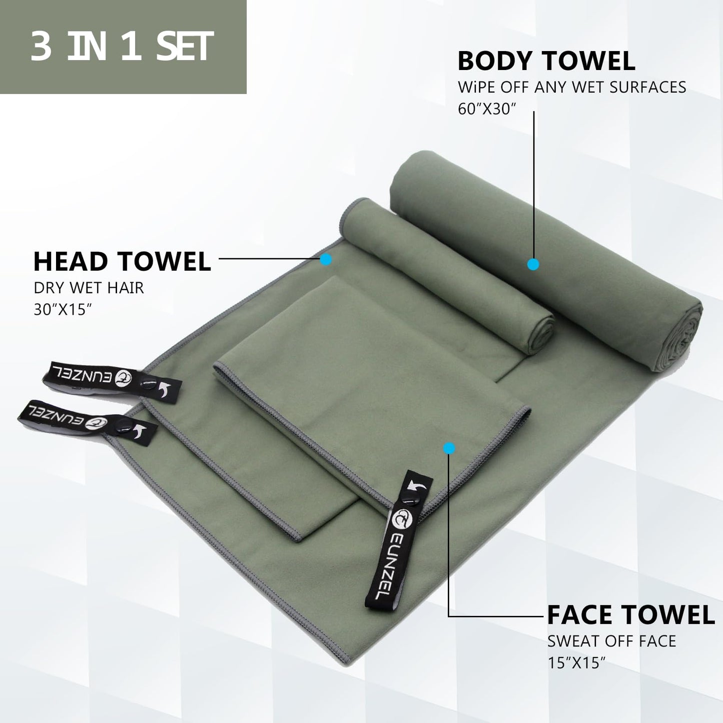 Eunzel Quick Dry Camping Towel, Microfiber Travel Towel 3 Size at 1 Pack,Fast Drying Towel Set for Camping, Beach, Gym, Sports, Yoga & Swimming Pool, Army Green