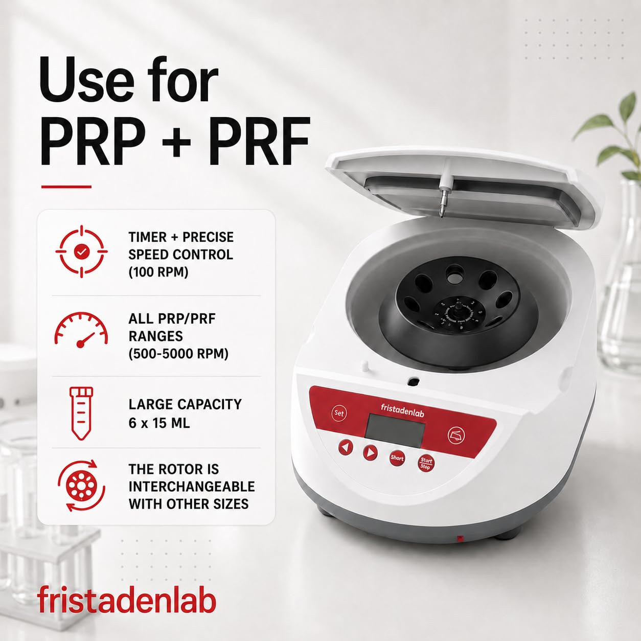 Fristaden Lab Centrifuge | for PRP and PRF | USA Company | 500-5000 RPM | 6 x 15 mL