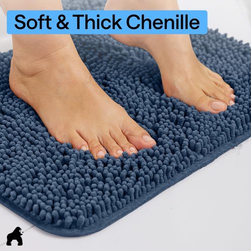 GORILLA GRIP Bath Rug Mat - Soft Absorbent Chenille | Quick-Dry Microfiber, 54x24, Navy Blue