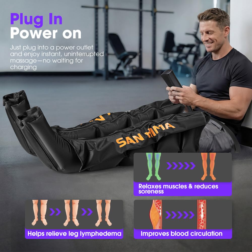 SAN HIMA Air Compression Leg Massager - Sequential Full Leg Compression Boots for Circulation & Pain Relief | 6 Modes 6 Intensity Recovery Boots for Athletes - Feet, Calves & Thighs (Large)