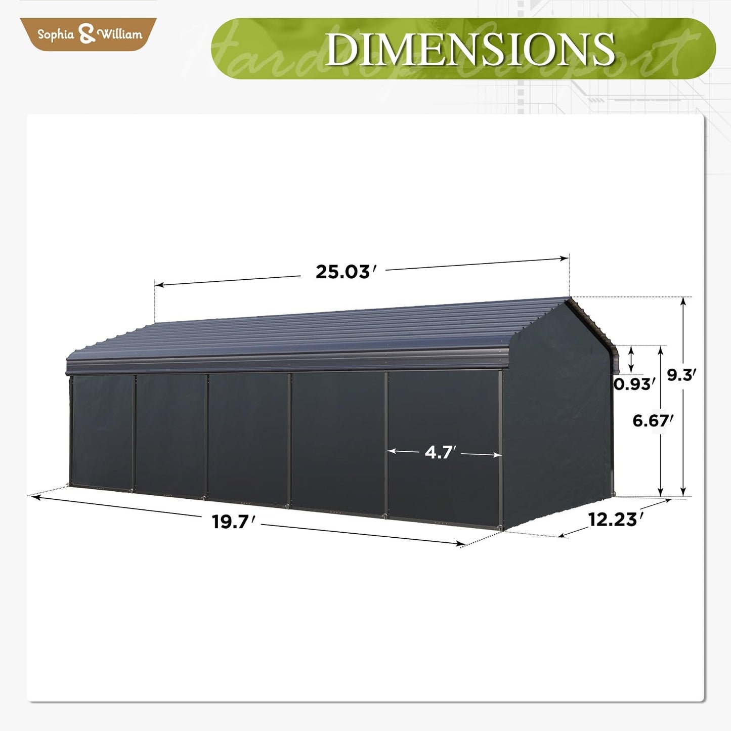 Carport 12x25 ft, Heavy Duty Car Ports Porable Garage Kit Shed Tent Shelter Metal Frame All Weather Outdoor for Boat with Removable Sidewalls, Grey