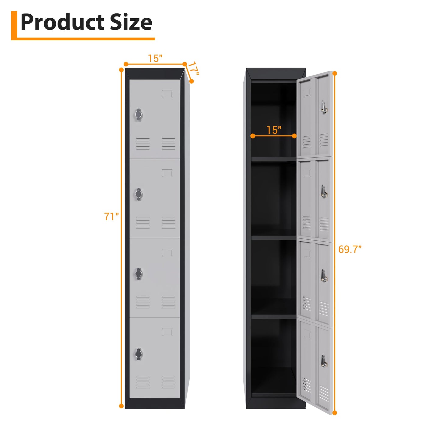 GarveeTech 72’’ Metal Storage Cabinet with 4 Door, Lockers for Employees Students with Shelves, Metal Storage Steel Locker for School Office Gym Home Warehouse, Assembly Required, Grey+Black